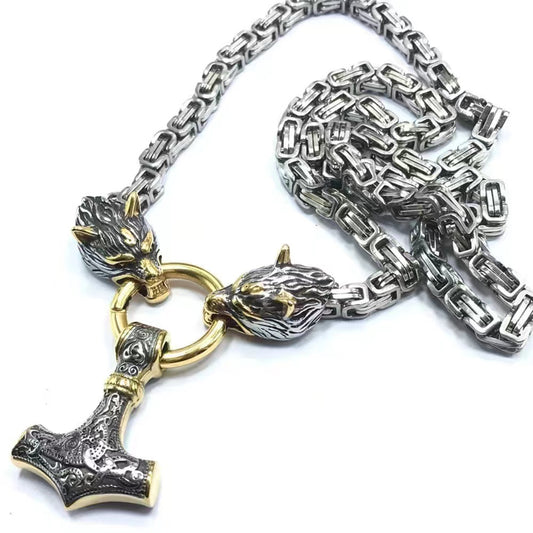 Thor's Hammer Pendant With Wolfs Heads Chain Viking Amulet