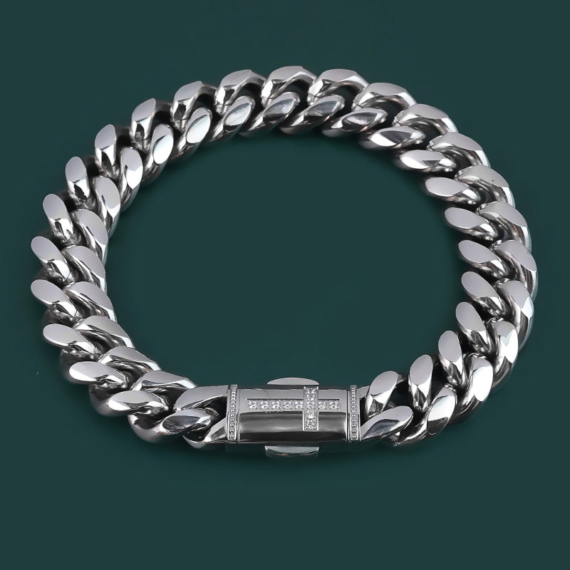 Polished Stainless Steel Cuban  Bracelet Cross