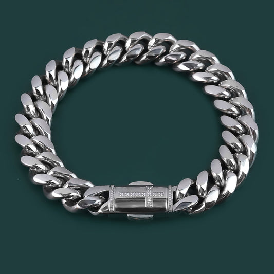 Polished Stainless Steel Cuban  Bracelet Cross