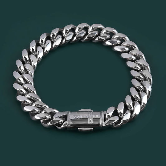 Polished Stainless Steel Cuban Bracelet Cross