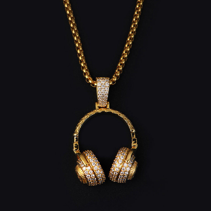 Gold Headphones Pendant CZ