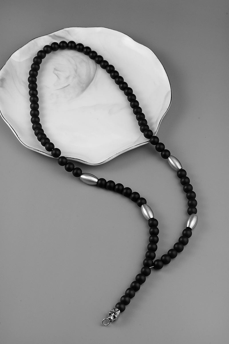 Frosted Black Beads Skull Necklace