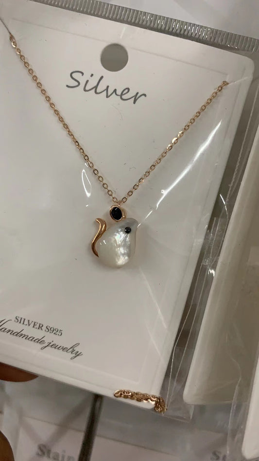 Cute Pearl Mouse Necklace With CZ Stone